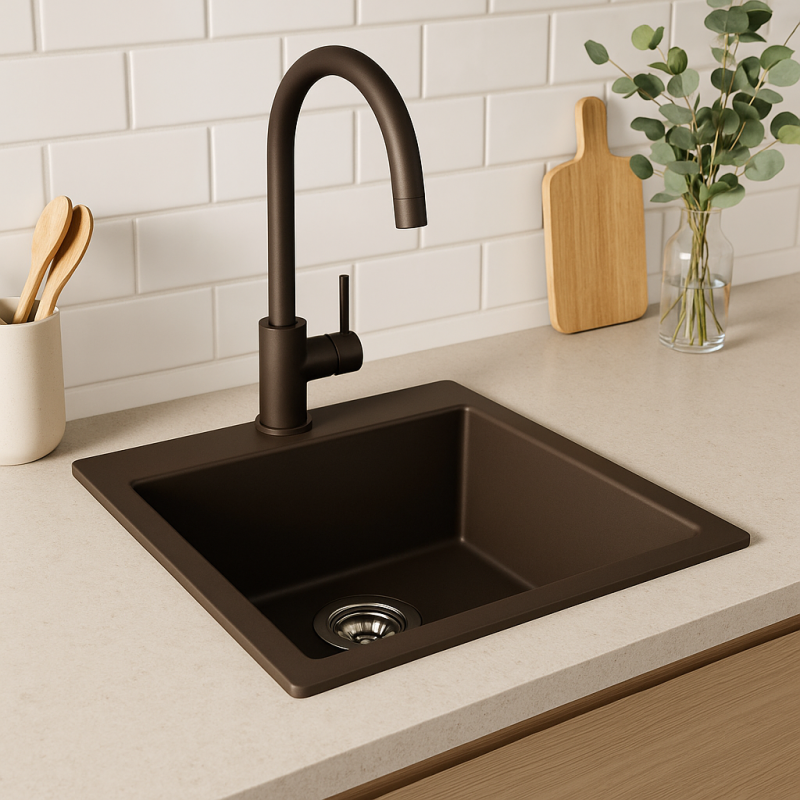 GraniteMy Universal γρανιτένιος νεροχύτης καφέ 40x40 cm επιφάνεια, υποκατασκευή και ενσωματωμένη εγκατάσταση με ανοξείδωτο πώμα 1208967212